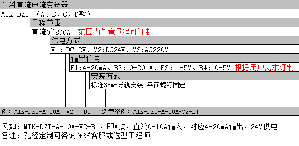 米科直流電流變送器選型表